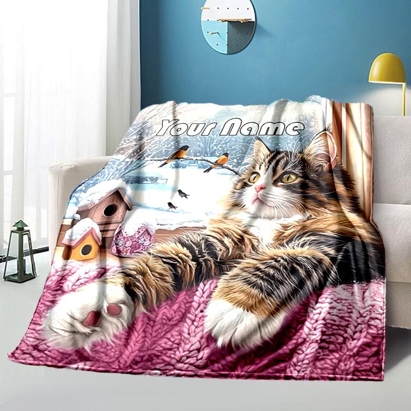 1PC Custom Name Winter Cat Window Scene flannel blanket versatile, all-season throw suitable for the living room, bedroom, camping, travel, and gift