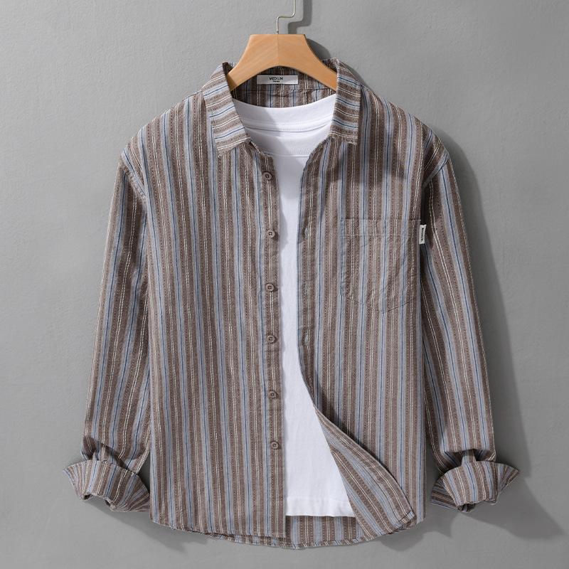 Japanese Style Striped Long Sleeve Shirts for Men Daily Spring/Autumn Pure Cotton Soft and Comfortable Casual Tops Youth New Fashion Men Shirt