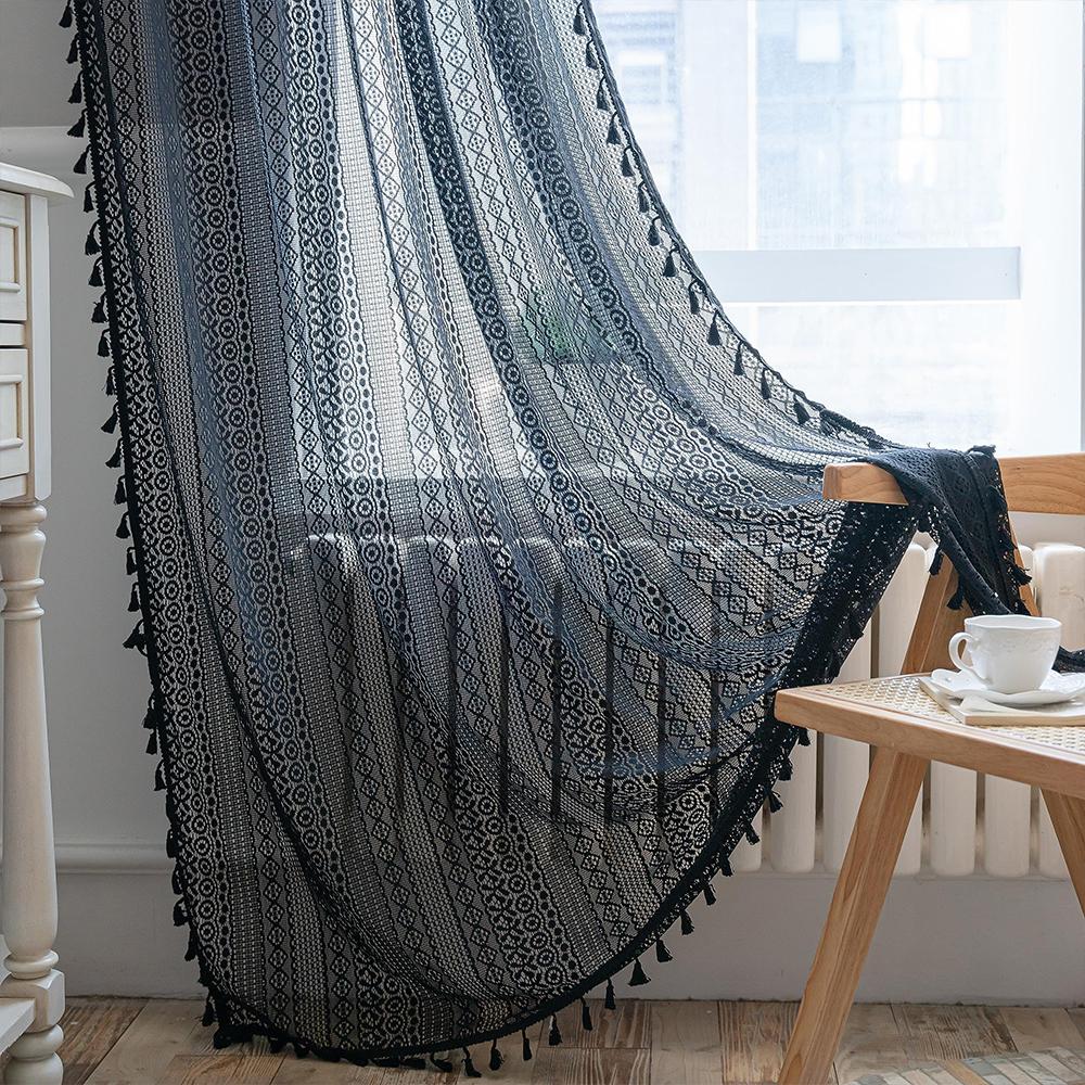 Boho Curtains Lace Semi-Sheer Hollow Knitted Handmade Tassels Rod Pocket Window Rustic Farmhouse Drapes for Living Room Bedroom