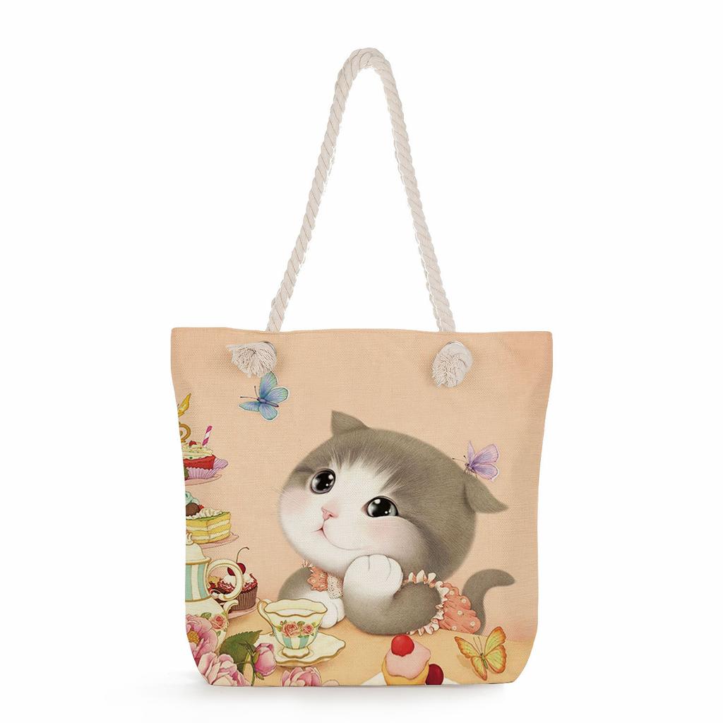 Cat print thick rope single-shoulder beach bag 7215