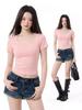 Women's Summer U-Neck Slim Fit Cotton T-Shirt - Solid Color, Crew Neck, Short Sleeve