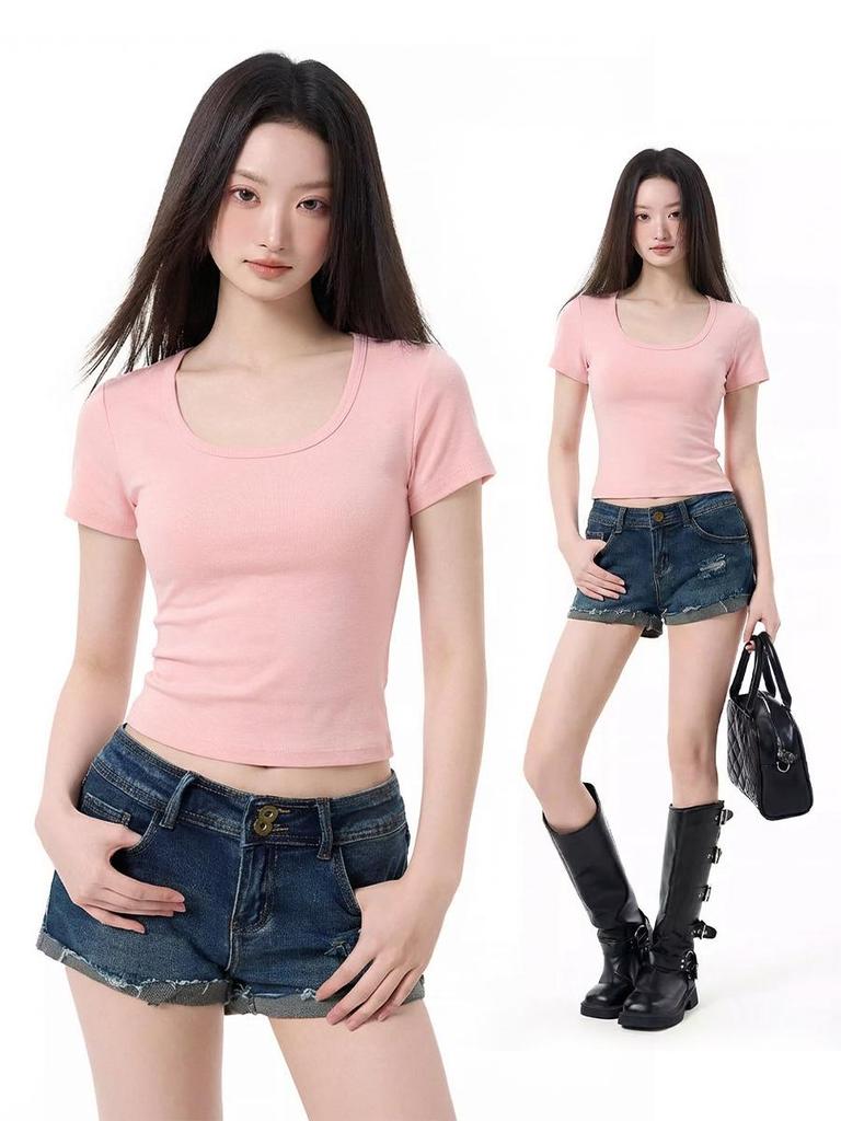 Women's Summer U-Neck Slim Fit Cotton T-Shirt - Solid Color, Crew Neck, Short Sleeve