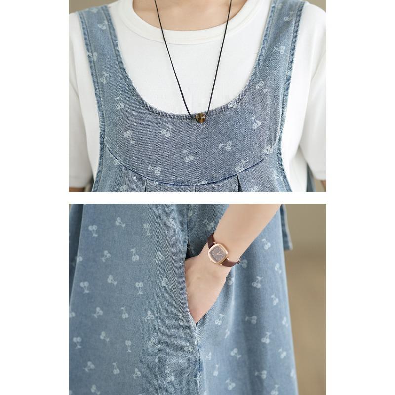 DIMANAF Women 2025 New Plus Size Summer Denim Dress Vintage Printing Loose Casual Basic Belt Dresses Maxi