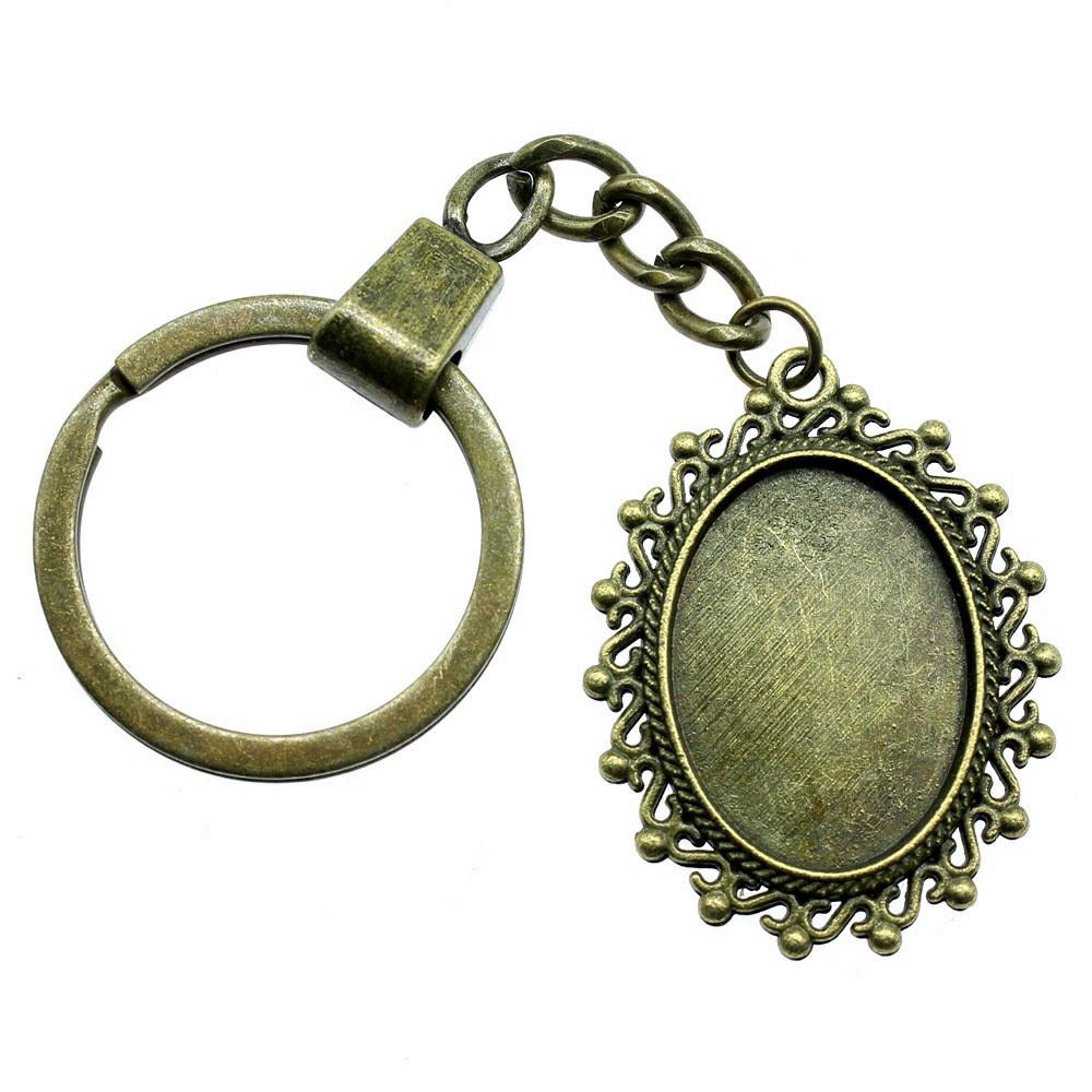 Heart Elliptical Glass Cabochon Base Setting Tray Blank Antique Bronze Metal Keychain for Family Gift