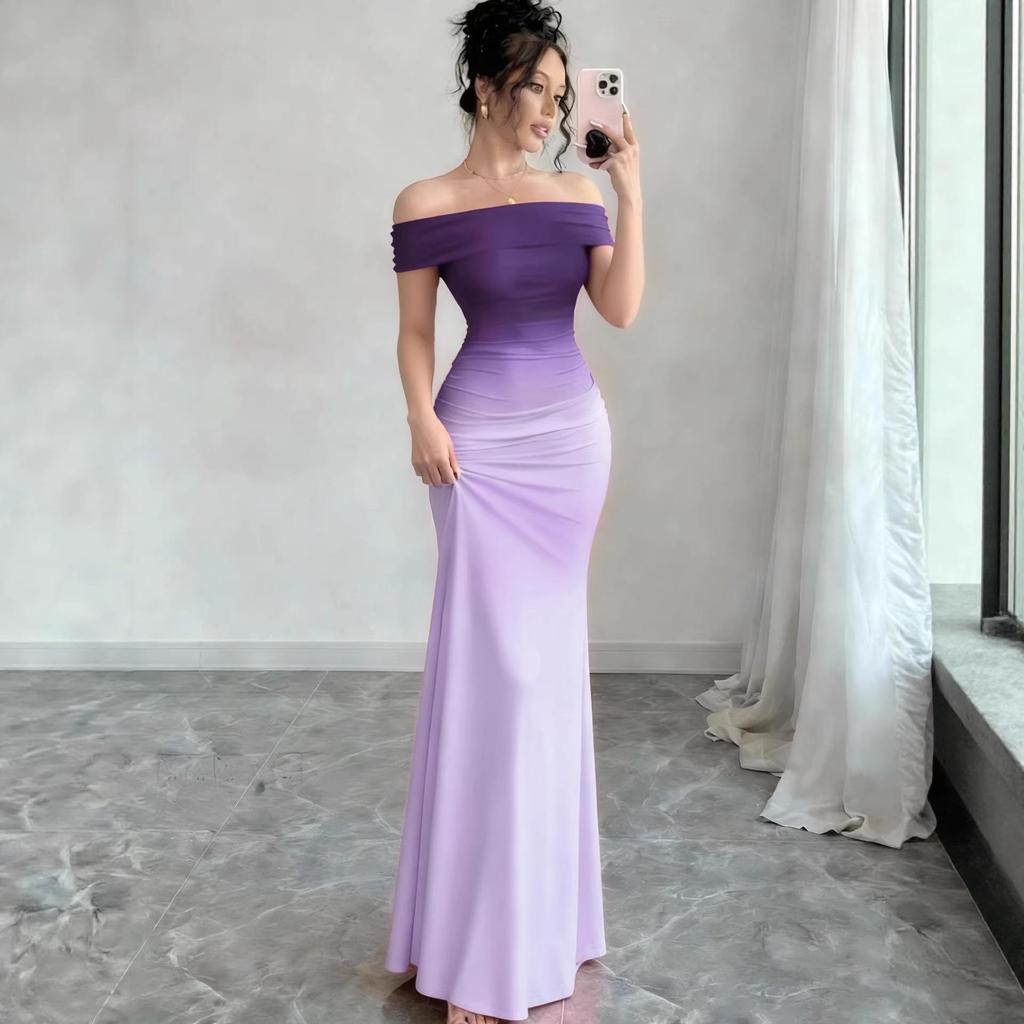 European-American Gradient One-Shoulder Bodycon Maxi Dress