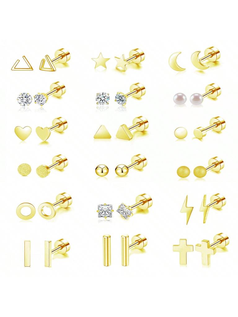 18 Pair Stainless Steel Flatback Stud Earring  Hypoallergenic Screwback Jewellery Flat Back Helix Jewelry for  Women Ladies