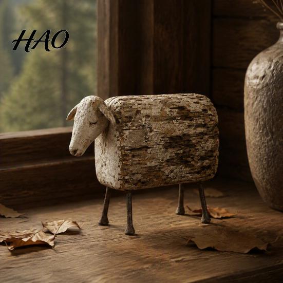 Distressed Wood Animal Sculpture Vintage Longhorn Bull/Sheep Sculpture, Rustic Farmhouse Figurine, Western Style Unique for Mantelpiece Decorative