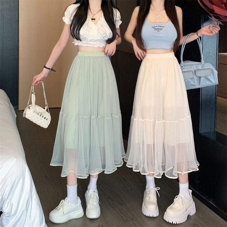 Mesh Midi Skirt for Women In Spring and Summer High Waist Slimming Effect Medium To Long Style Pleated Skirt Loose and Stylish Gauze Skirt