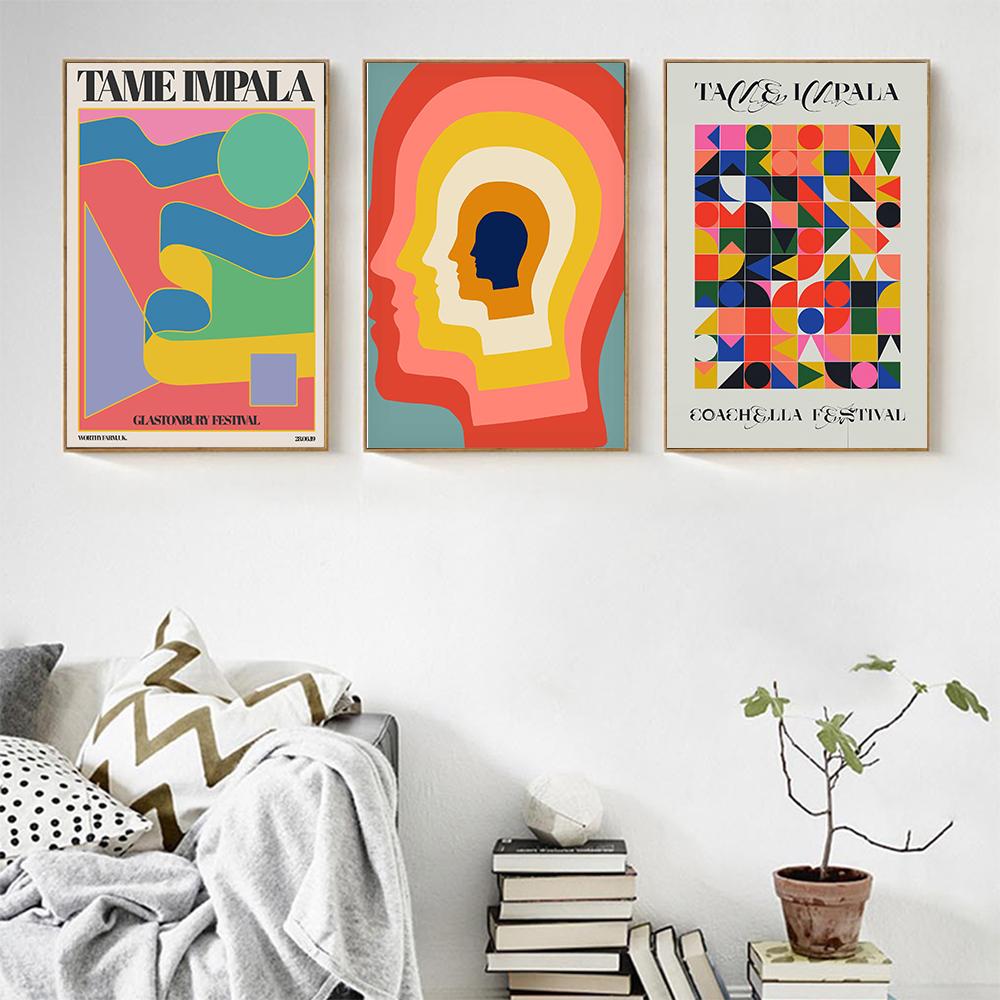Tame Impala at Glastonbury Gig Canvas Posters Retro Abstrakt Geometri Målning Färgglada Head Väggbilder för vardagsrumsinredning