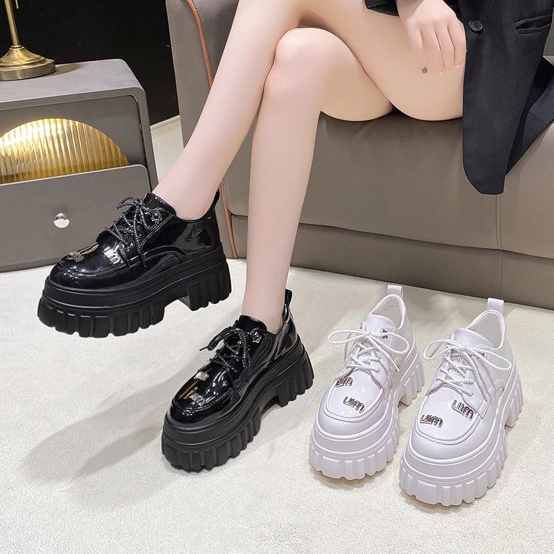 fashion British Style Chunky Platform Pumps Women 2024 Spring Autumn Lace Up Thick Heels Loafers Woman Round Toe Patent Leather Shoes