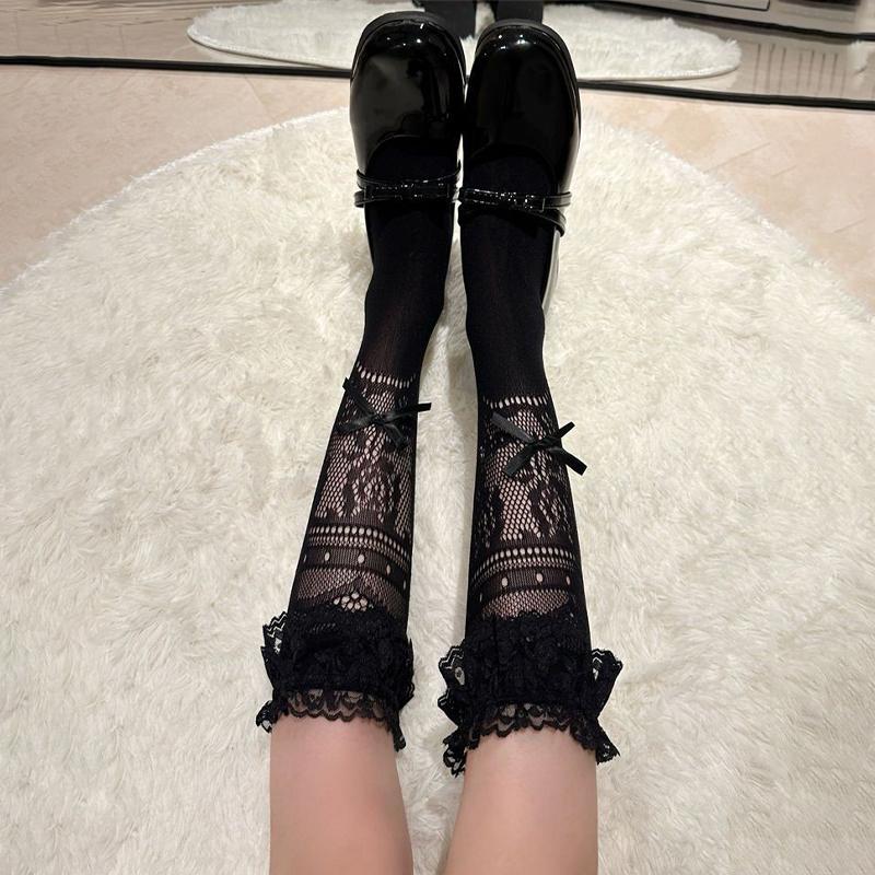 

Ballet-Style Bow Mid-Calf Socks Women Summer Thin Hollow-out Lace Slouch Socks One Size бежевый