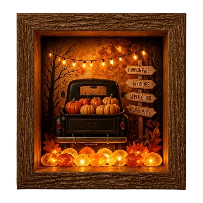 DIY Seasonal Light Box Display, Wood Case Frame Ornament with Soft Lighting for Shelf, Entry Stand, and Fall Party Use
