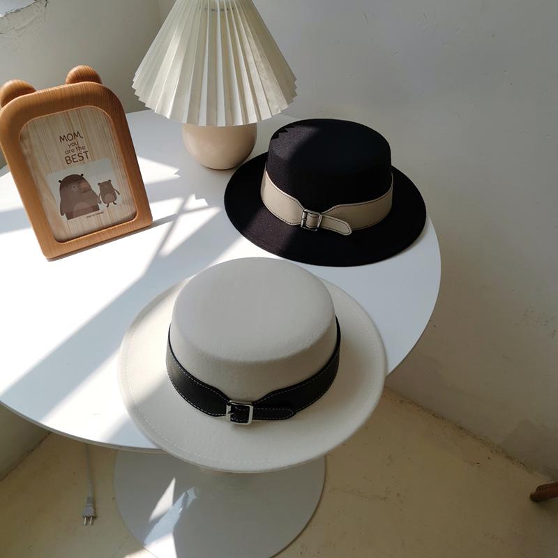 Vintage Woolen Hat British Hat Wide Brim Flat Top Top Top Top Hat Versatile Autumn and Winter Hat Trendy Sun Hat Felt Hat