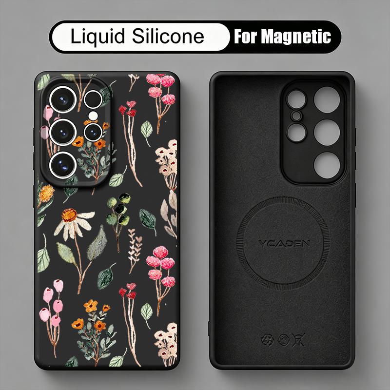 White Flowers Print Case For Samsung Galaxy S26 S25 Ultra S24 Plus S23 S22 Ultra Magnetic For Magsafe Liquid Silicone Cover
