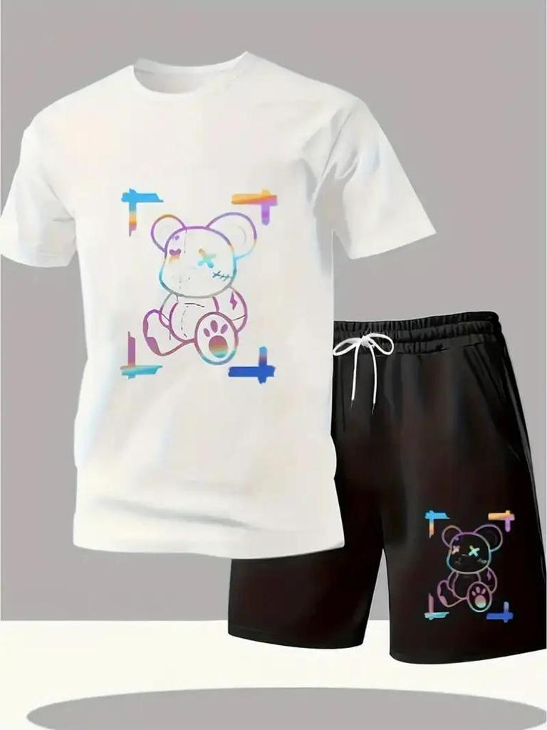 Summer Casual Little Bear Print Two-Piece Set: Trendy Short Sleeve + Shorts, Cool Street Style.