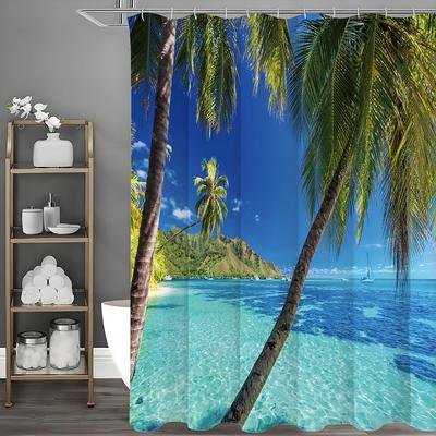 Ocean Coconut Tree Shower Curtain, Bathroom Decorative Shower Curtain, Waterproof Shower Curtain with Hooks