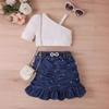 Girls' Fashion Set, Summer Children's Solid Color Sleeveless Top, Denim Pleated Skirt Set, Belt