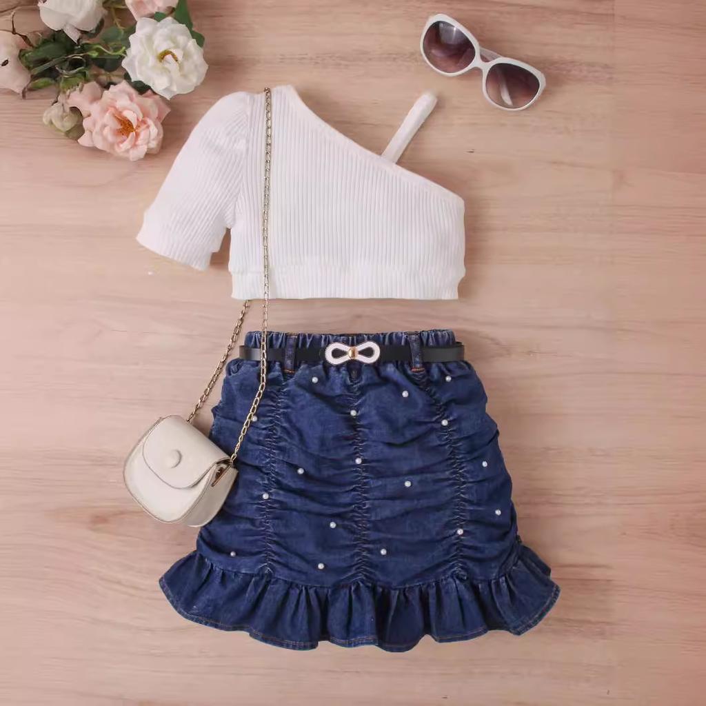 Girls' Fashion Set, Summer Children's Solid Color Sleeveless Top, Denim Pleated Skirt Set, Belt