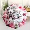 Tiger Cubs Roses Automatic Folding Umbrella  8 Ribs, Durable Iron Frame, Bright Color Pattern Compact Travel Umbrella, Suitable for Outdoor,