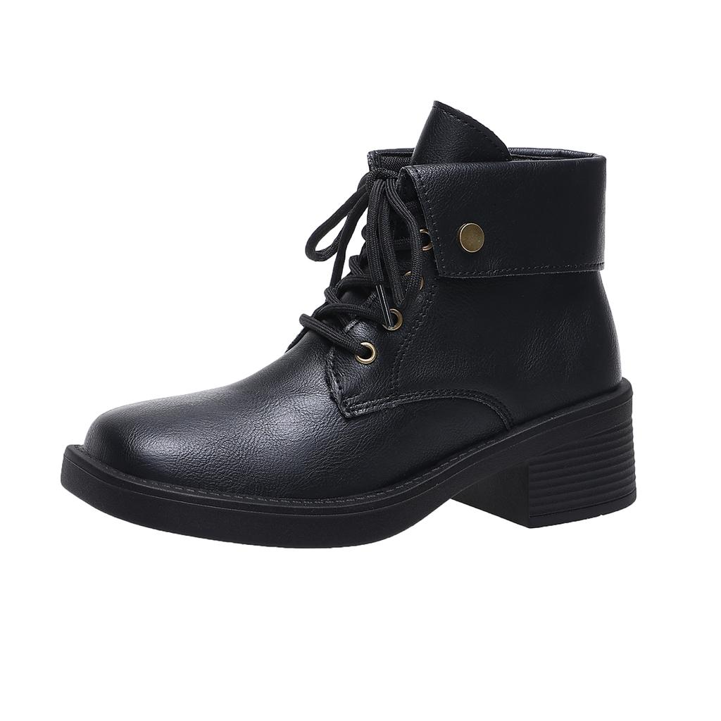2025 New Boots Woman Retro Mid Heeled Short Boots with Lace Up Thick Heels with Low Heels Casual and Fashionable Ankle Boots
