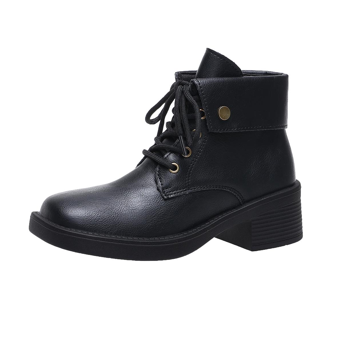 

2025 New Boots Woman Retro Mid Heeled Short Boots with Lace Up Thick Heels with Low Heels Casual and Fashionable Ankle Boots 42 чёрный