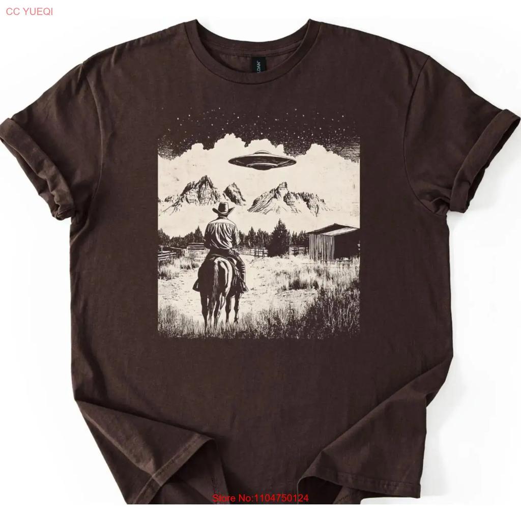 Western Cowboy UFO T Shirt Weird Retro Alien 90s Meme Funny vintage Washed designer clothes Soft graphic Comfortable Slightly