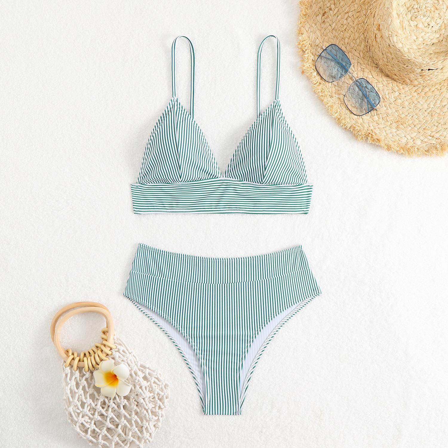 

Женский летний пляжный купальник бикини треугольник с принтом в полоску на бретелях S