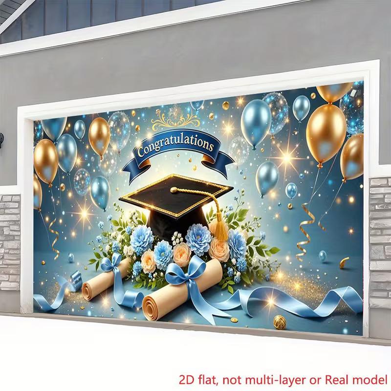 2D Congratulations Graduation Backdrop Navy Gold Cap Diploma Floral Balloon Photo Banner