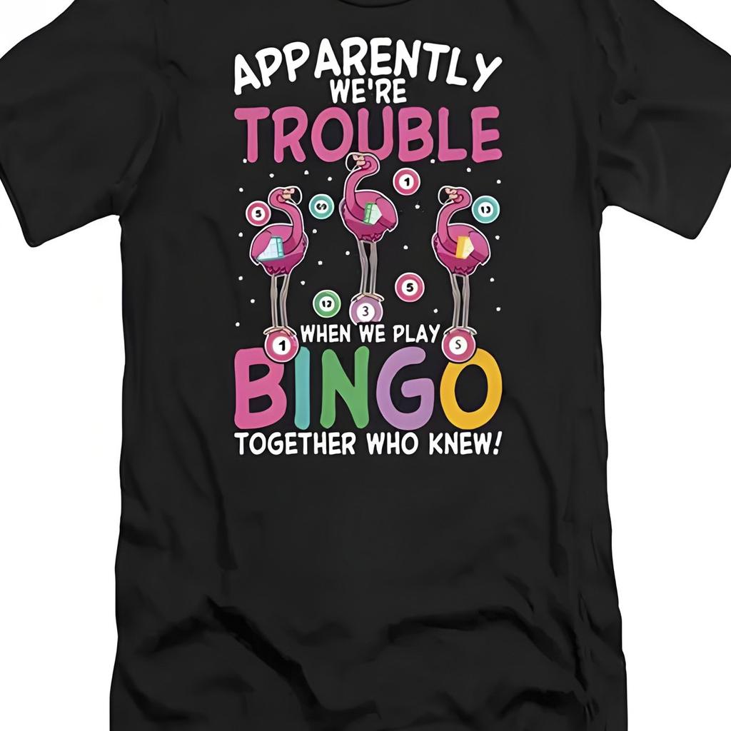 Flamingo Bingo Trouble Funny Graphic Tee Unisexs Casual Crewneck Cotton Tshirt For Game Nights
