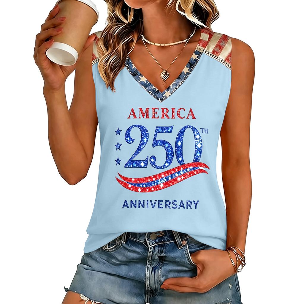 Womens V Neck Short Sleeve T Shirt Casual Fit Letter Print Top Comfortable Lightweight Pullover Tee America 250 Anniversary Design