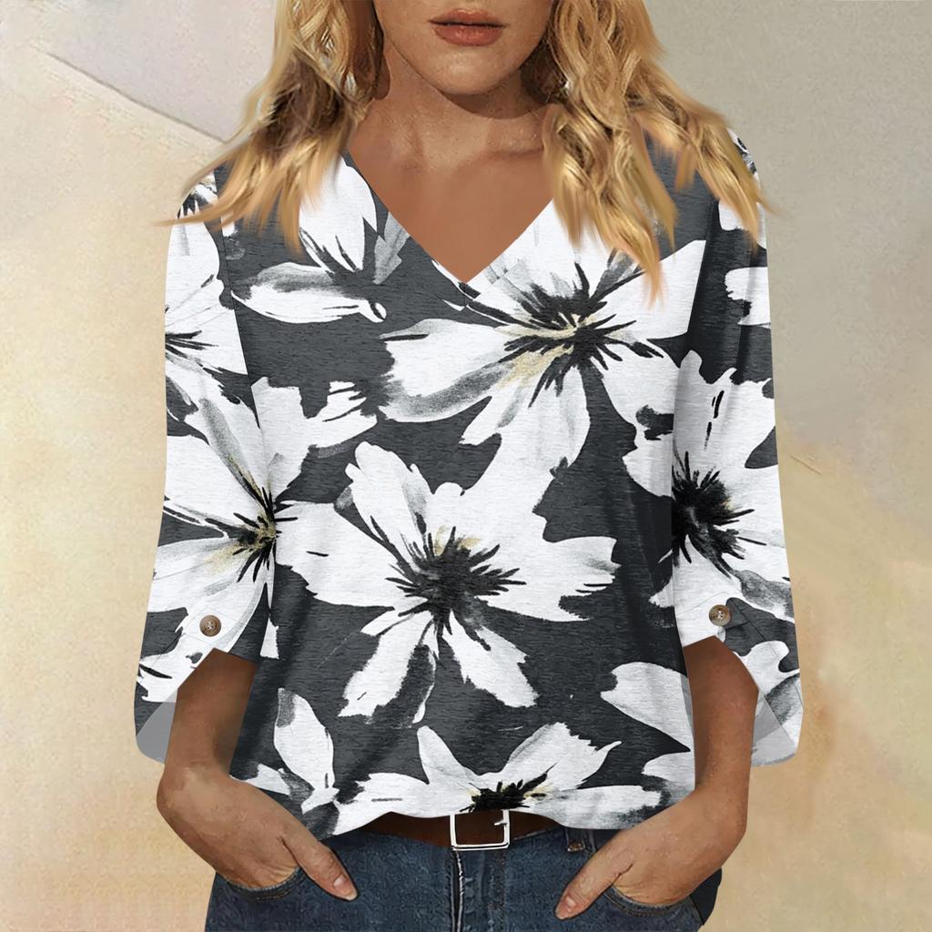 Womens V Neck Three Quarter Sleeve Floral Print Casual Loose Fit Top Comfortable Lightweight Blouse for Daily Wear Office and Travel