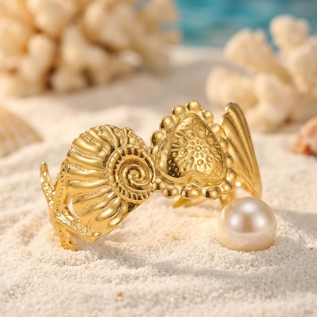 Fashion Shell Starfish Stainless Steel Cuff Bracelet for Women Boho Heart Conch Open Bangle Summer Party Jewelry Gift