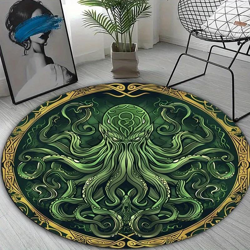 Cthulhu Tentacle Rug - Round Non-Slip Floor Mat for Bedroom & Living Room, Soft Flannel with Intricate Octopus Design Home Decor