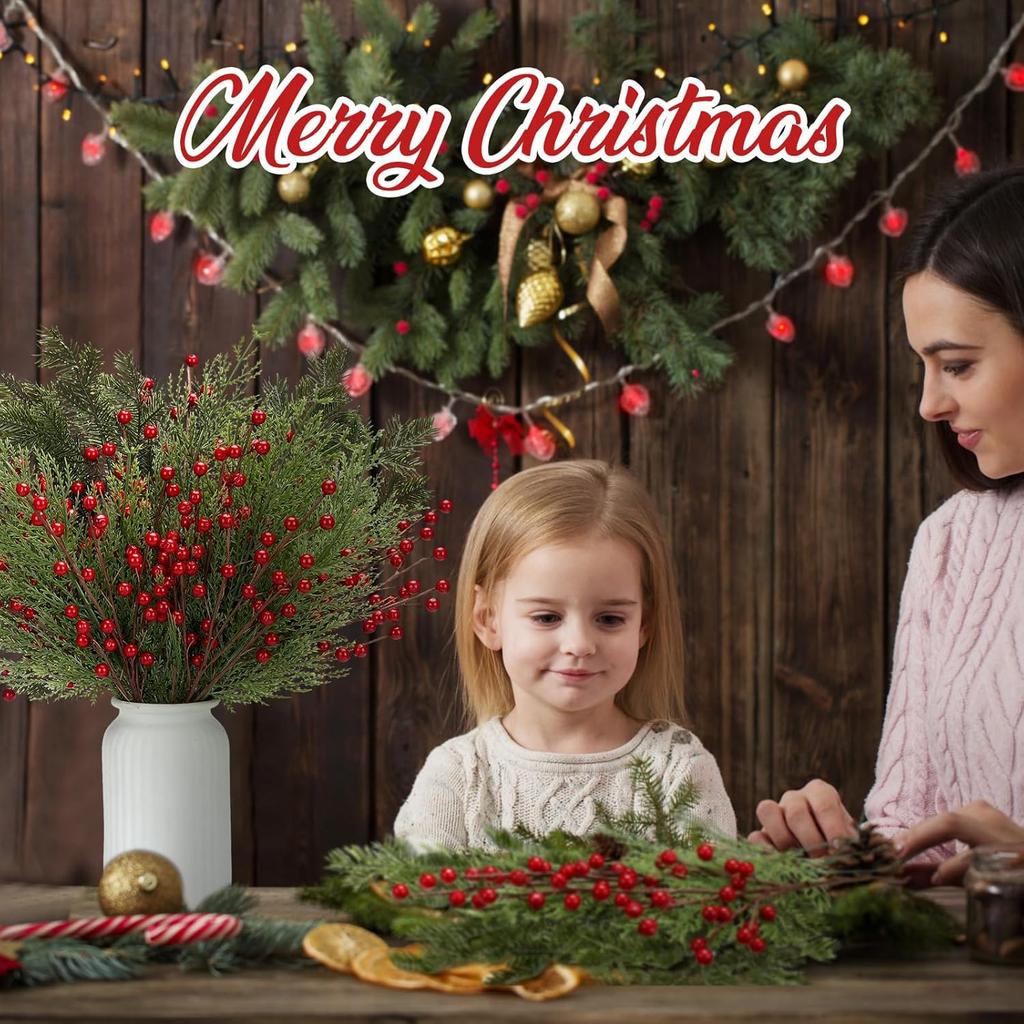 30 Pcs 16 Inch Artificial Christmas Pine Branches with Berries & Pinecones for Tree, Vase, Wreath, Garland DIY