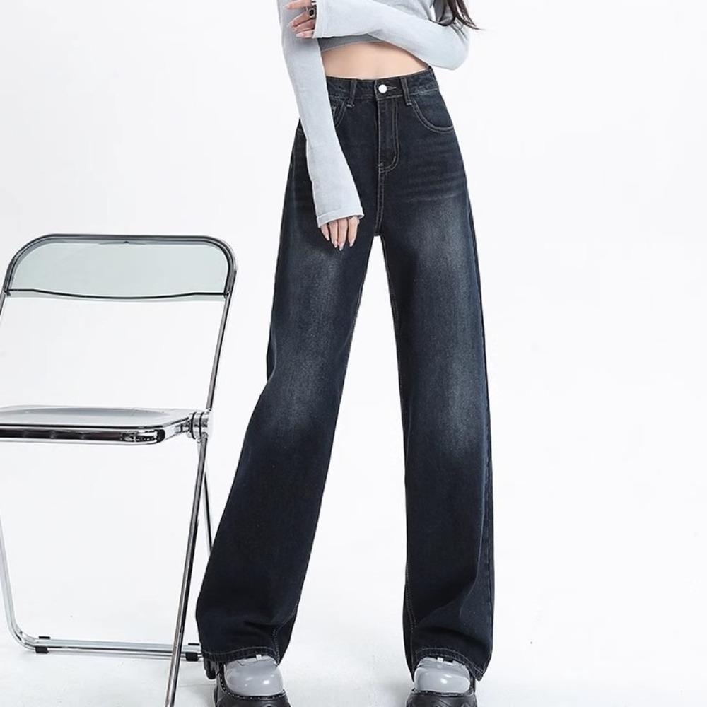 Women's High Waist Wide Leg Jeans Vintage Washed Straight Leg Denim Pants Casual Loose Floor Length Trousers