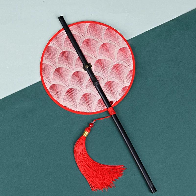Chinese Ancient Style Black Bamboo Waist Fan Han Dynasty Circular Fan Chinese Style Long Handle Tassel Curling Folding Fan Classical Portable Wrist