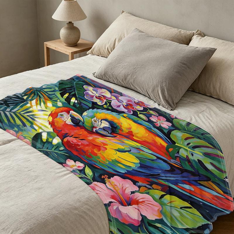 Soft Non-Shedding Flannel Fleece Blanket - Vibrant Parrot Floral Throw for Couch, Bed, Home Decor, Warm Binge-Watching, Halloween & Christmas