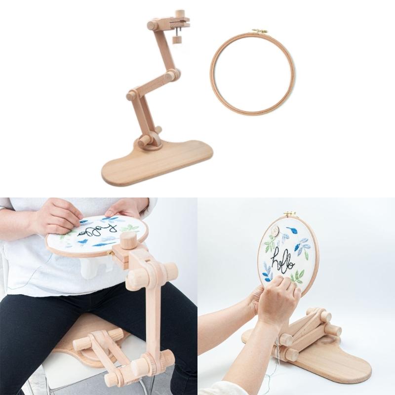 Wooden Embroidery Hoop 360Degree Rotated Adjustable Desktop Stand Cross Stitch Rack Frames Rings Adults Gifts Sewing