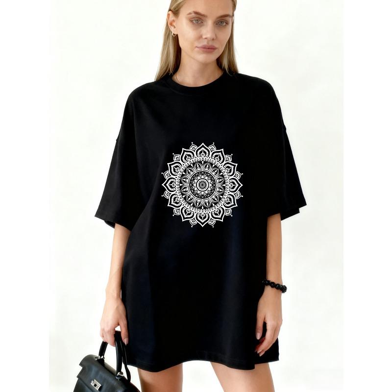 

Oversized T Shirt Dress Black Mandala Print Boho Style Casual Wear For Women XXXXL чорний