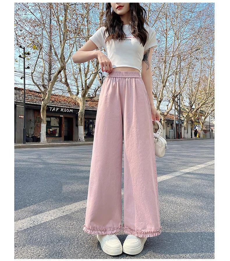 Women s Summer Wide-Leg Solid Color Patchwork Pants with Elastic Waist Extra Large