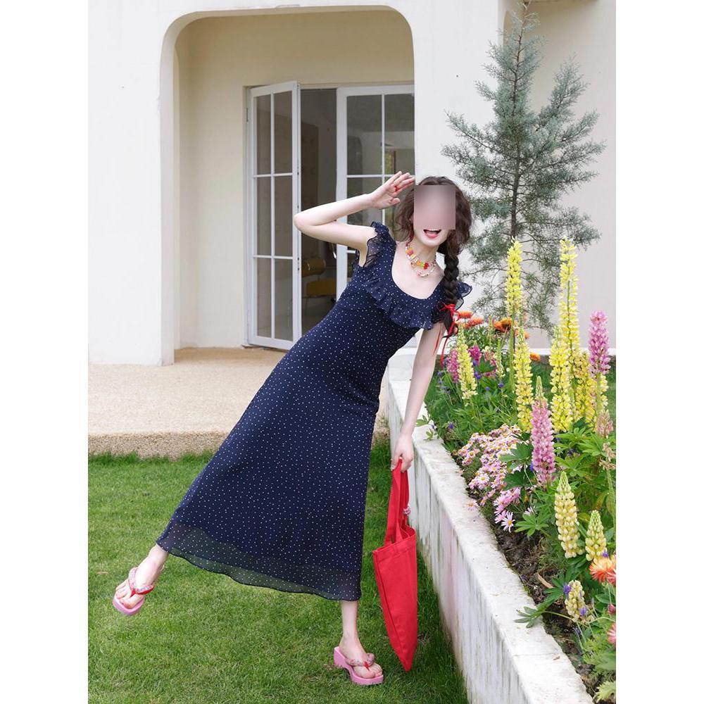 Xi Family Small Romantic Small Flying Sleeve Dress Women's Summer Waist Skinny Polka Dot Lotus Leaf Edge Long Skirt