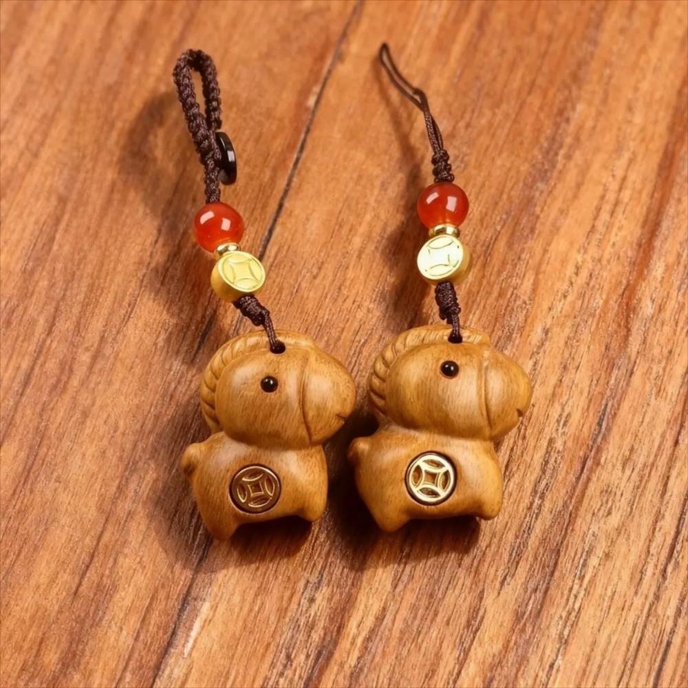 Sandalwood Horse Key Chain Zodiac Chinese Style Key Ring Becoming Rich Bag Pendant  Unisex