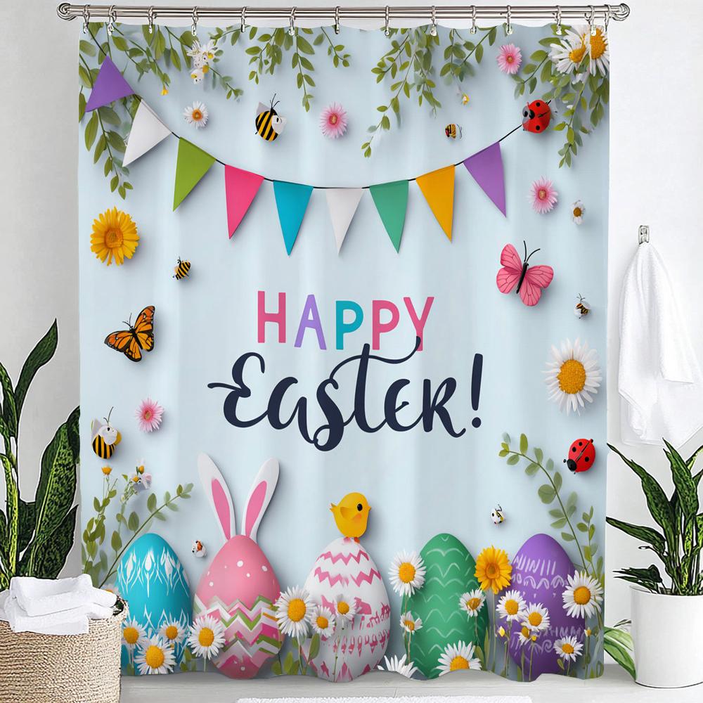 Cute Bunny Shower Curtain, Floral Colorful Eggs Wooden Plank Bowknot Bathroom Decorative Curtain, Waterproof Shower Curtain