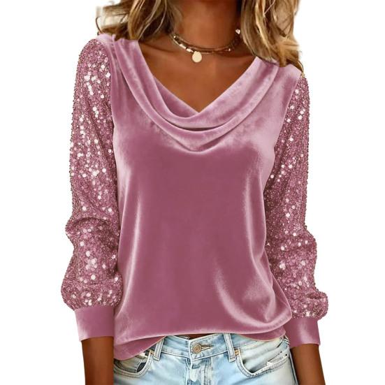 Women Tops Piled Collar Sequined Long Sleeves Velvet Texture Blouse Solid Color