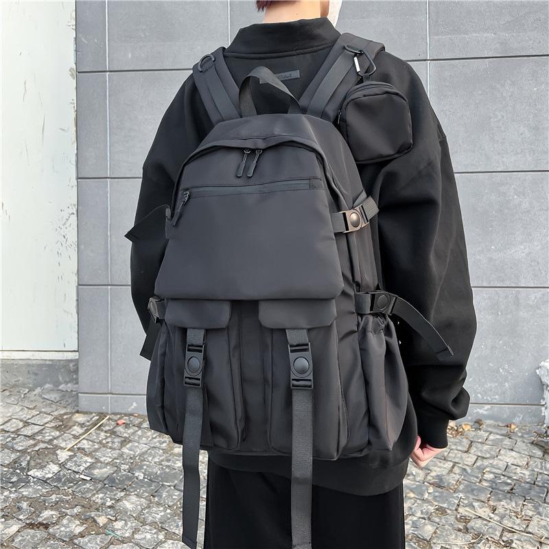 Schoolbag Locomotive Wind Backpack Men's Casual Large Capacity Solid Color Simple Student School Bag Anti-splashing Travel Backpack Trend Bag