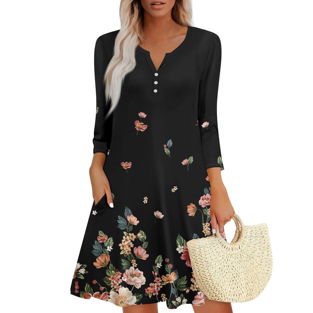 Women's Summer Dress Loose V Neck Three-quarter Sleeve Sundress With Pockets Dress