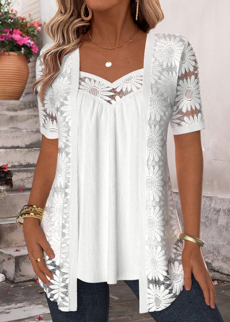 Elegant 2026 Summer Solid Color Lace Hollow Two-Piece Women's Top