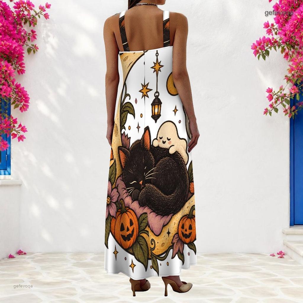 Women Plus Size Scoop Neck Strappy Sleeveless A Line Long Dress Cartoon Panda Ghost Printed White