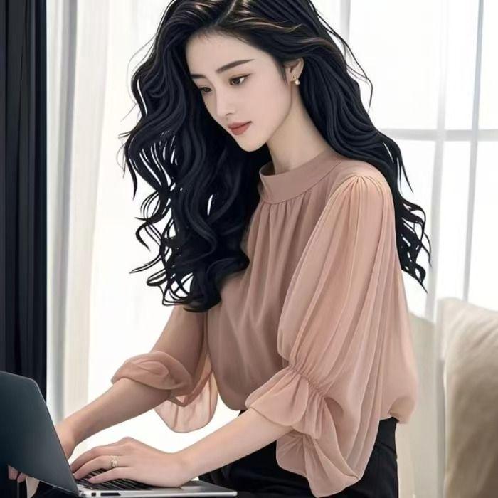 

Elegant 2025 Summer French-Style Georgette Chiffon Shirt - Women s Professional Seven-Sleeve Top S