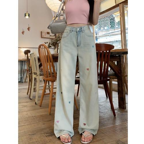 2024 New High Waist Denim Trousers Women Summer Design Sense Bow Embroidery All-Match Wide Leg Mop Pants Fashion